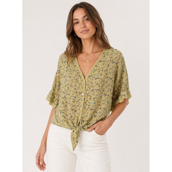 Max Studio Tops - Max Studio NEW Women's L Yellow Floral Boho Romantic Tie-Front Ruffle Blouse